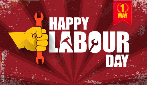 Happy labour day vector label with strong orange fist isolated on red rays horizontal background. vector happy labor day background or horizontal banner with man hand. red workers may day poster