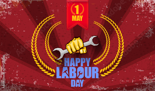 Happy labour day vector label with strong orange fist isolated on red rays horizontal background. vector happy labor day background or horizontal banner with man hand. red workers may day poster