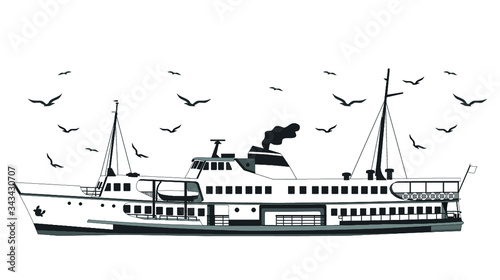 Istanbul Ferry illustration with istanbul silhouette. Traditional Turkish steamboat. Seagulls