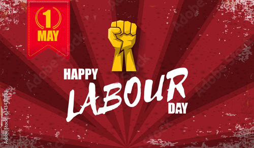 Happy labour day vector label with strong orange fist isolated on red rays horizontal background. vector happy labor day background or horizontal banner with man hand. red workers may day poster