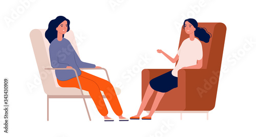 Friends talking. Girls meeting, woman has problems. Psyhotherapy, psyhologist and patient vector illustration. Psychotherapy and psychology, woman problem