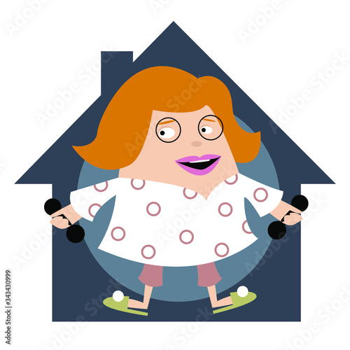 Cheerful  girl  at home with dumbbells in a pandemic. The joy of self-isolation. Fitness at home.