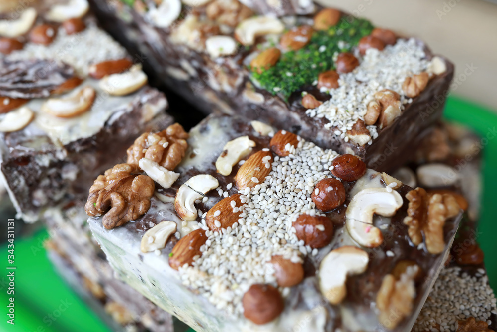 Caucasian sweets with nuts at market Caucasian sweets with nuts at market
