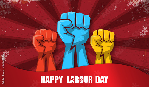 Happy labour day vector label with strong orange fist isolated on red rays horizontal background. vector happy labor day background or horizontal banner with man hand. red workers may day poster