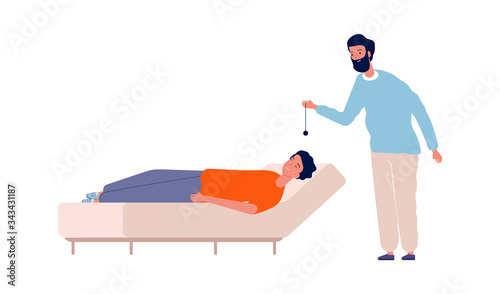 Hypnosis session. Psychotherapist and patient at couch. Mental disorder and mind problems treatment vector illustration. Hypnotism and psychologist, medical psychology hypnosis session