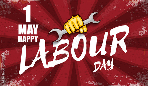Happy labour day vector label with strong orange fist isolated on red rays horizontal background. vector happy labor day background or horizontal banner with man hand. red workers may day poster
