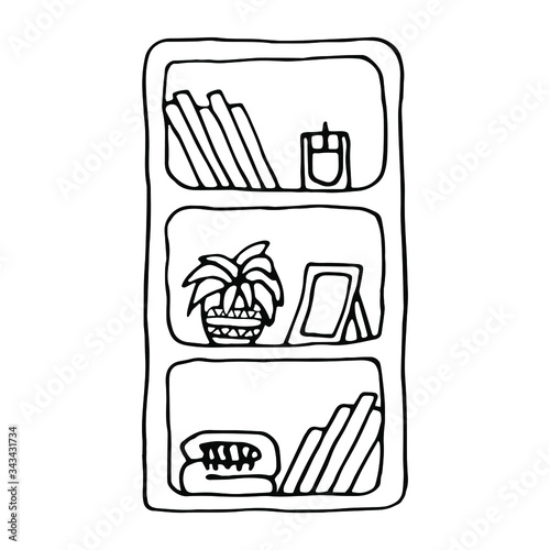 Home cupboard with books, candle, home plant, photo frame, plaid on white background.Stay home on the quarantine . Doodle vector illustration.	
