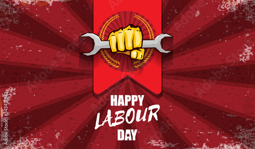 Happy labour day vector label with strong orange fist isolated on red rays horizontal background. vector happy labor day background or horizontal banner with man hand. red workers may day poster