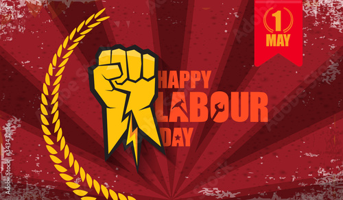Happy labour day vector label with strong orange fist isolated on red rays horizontal background. vector happy labor day background or horizontal banner with man hand. red workers may day poster