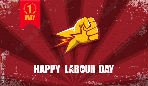 Happy labour day vector label with strong orange fist isolated on red rays horizontal background. vector happy labor day background or horizontal banner with man hand. red workers may day poster
