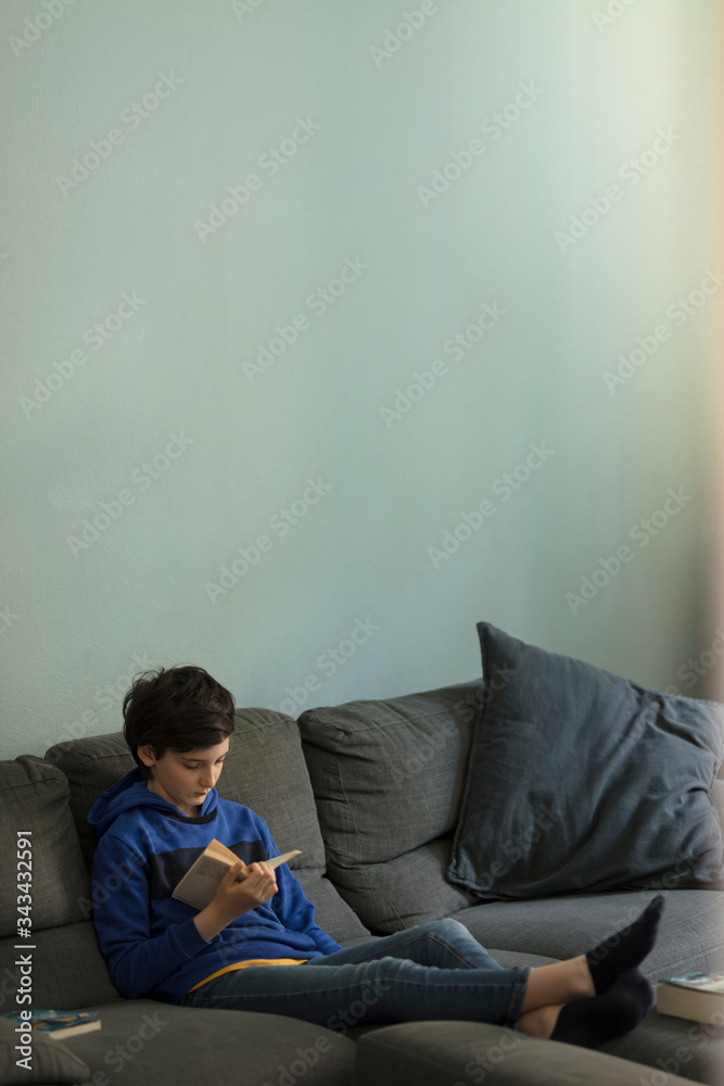 relaxed teenager solo reading a book seated on sofaeated on sofa