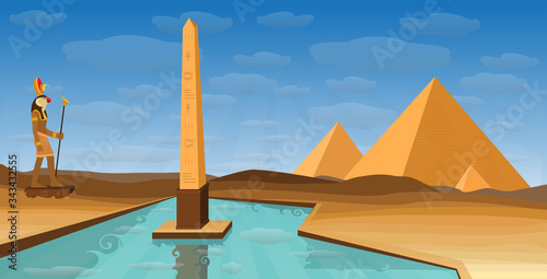 Egypt desert with pyramid Egyptian deity RA, obelisk and Nile