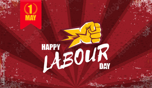 Happy labour day vector label with strong orange fist isolated on red rays horizontal background. vector happy labor day background or horizontal banner with man hand. red workers may day poster