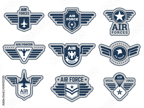 Air force labels. Vintage army badges military symbols eagle wings and weapons vector illustrations set. Military army logo, sticker vintage badge