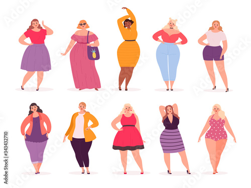 Over size woman. Adult fat people curvy in casual clothes vector persons cartoon characters. Woman with weight, fat human lifestyle, adult overweight illustration