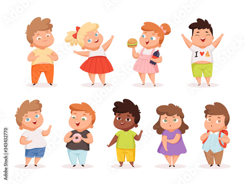 Overweight children. Fat kids eating different junk food oversize people in casual clothes vector different characters. Overweight child, young kids obesity illustration