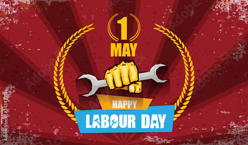Happy labour day vector label with strong orange fist isolated on red rays horizontal background. vector happy labor day background or horizontal banner with man hand. red workers may day poster