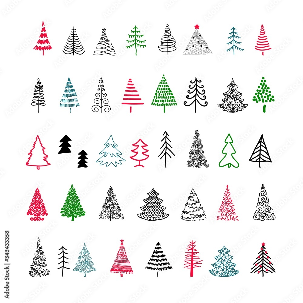 Obraz premium Set hand-drawn sketch Christmas and New Year tree. Vector illustration
