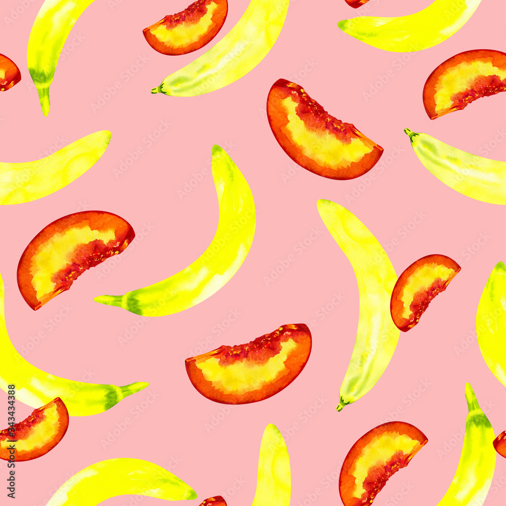 juicy appetizing fruits seamless pattern with banana and peach on a pink background juicy appetizing fruits seamless pattern with banana and peach on a pink background
