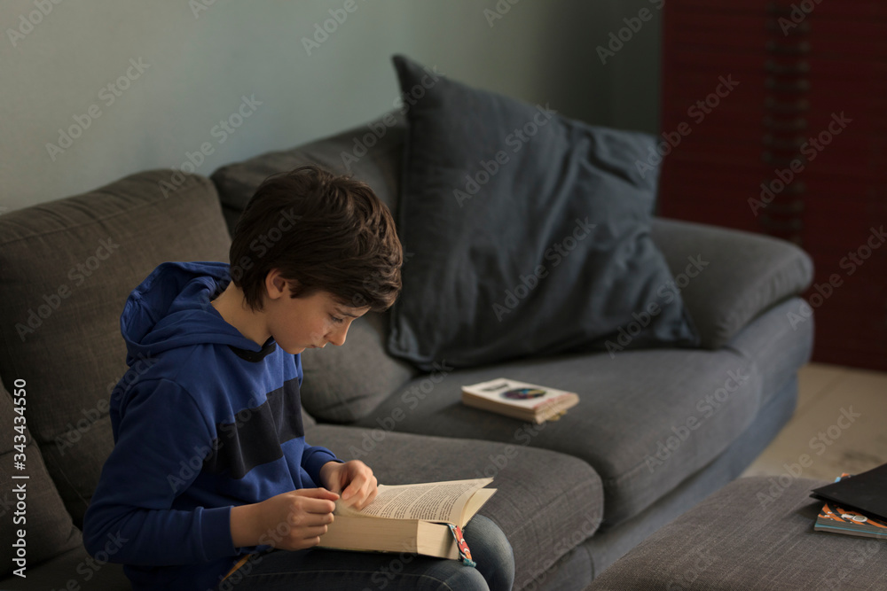 relaxed teenager solo reading a book seated on sofaeated on sofa