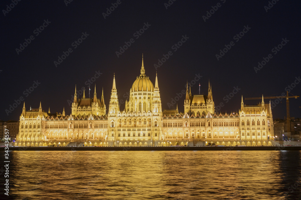 The Hungarian parliament building at night.