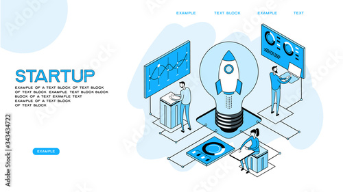 Teamwork of people to achieve the goal. Launch concept. New product on the market. Isometric vector illustration. 3D vector isometric illustration.