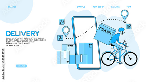 Fast delivery by bike via mobile phone. Ecommerce concept. Online shopping. Online delivery service concept. Online order tracking. City logistics. Vector illustration