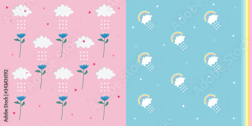 Baby ornaments with hearts, flowers, rainbows and clouds. Vector graphics.