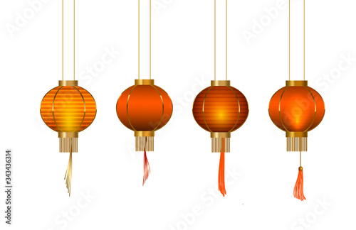 Set of chinese lantern. Glow paper lantern with traditional elemets. Vector.