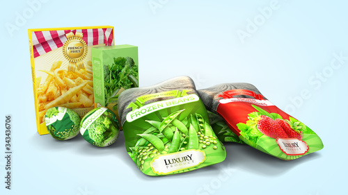 fresh food different packs of vegetables 3d render on blue gradient