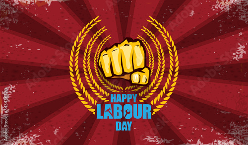 Happy labour day vector label with strong orange fist isolated on red rays horizontal background. vector happy labor day background or horizontal banner with man hand. red workers may day poster