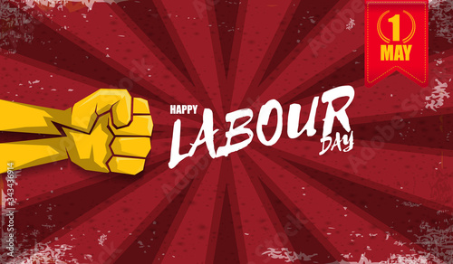 Happy labour day vector label with strong orange fist isolated on red rays horizontal background. vector happy labor day background or horizontal banner with man hand. red workers may day poster