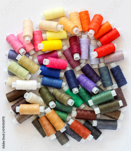 A messy stack of colorful threads on a white background