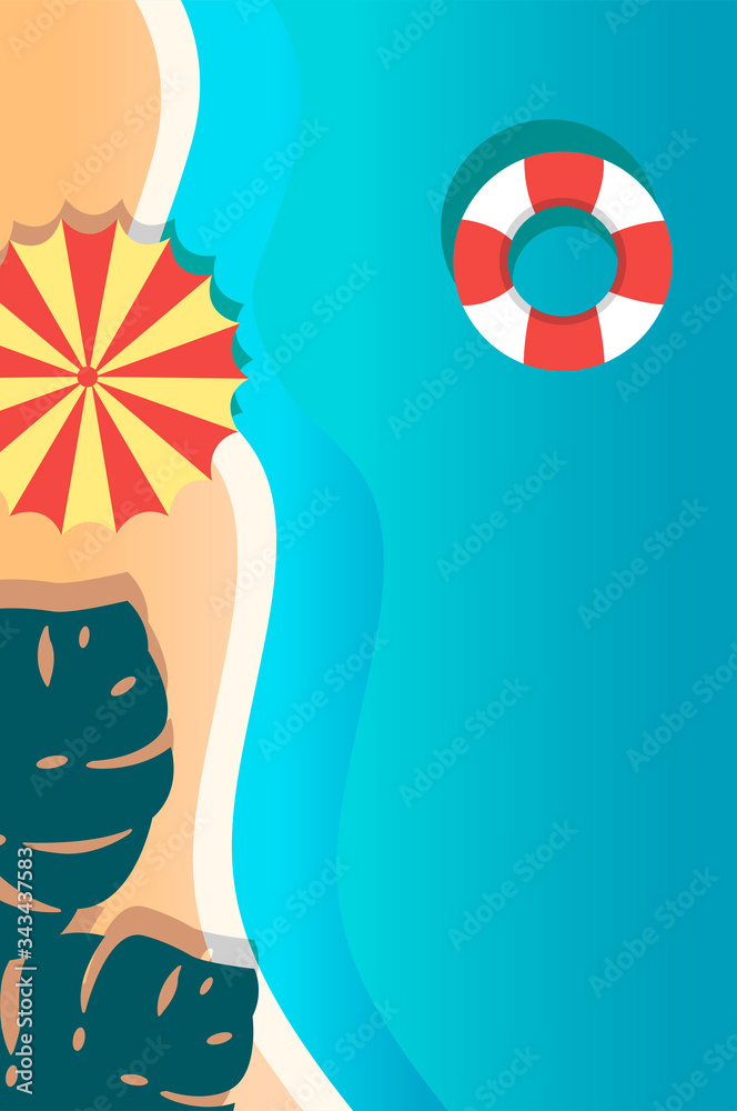 Creative concept vector travel illustration seaside beach landscape with umbrella and lifebuoy ring.