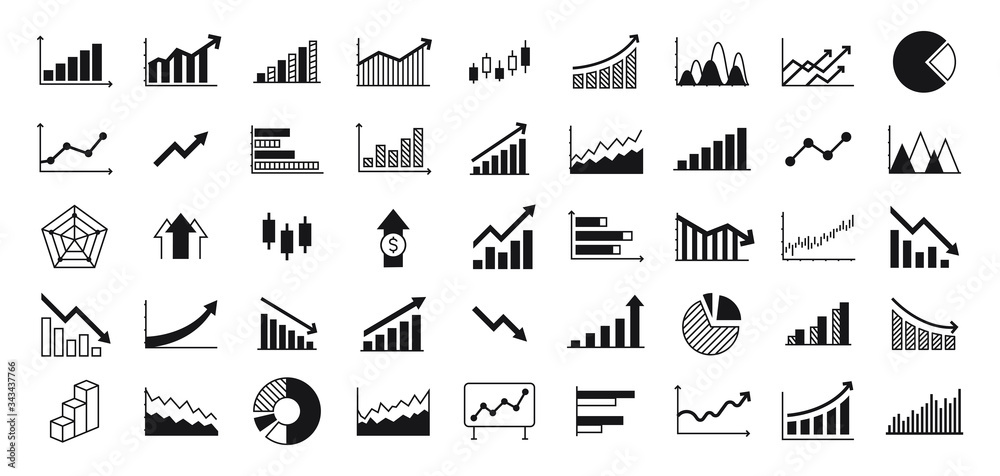 stats, arrow, decrease, graph, business, diagram,... Business graphs and charts icons. Business infographics icons ...