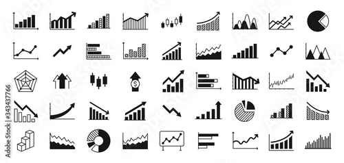 Business graphs and charts icons. Business infographics icons. Statistic and data, charts diagrams, money, down or up arrow, economy reduction. Financial chart. Vector illustration.