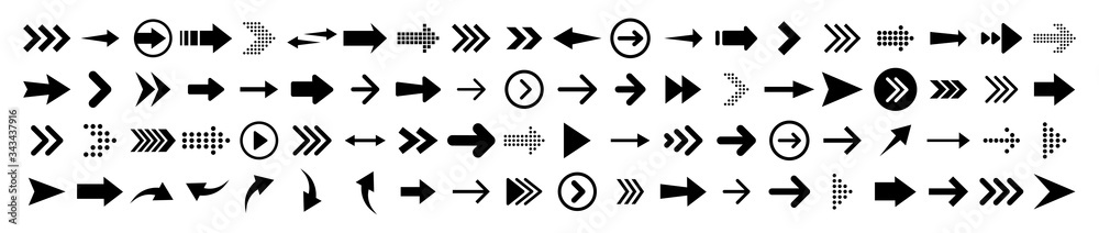 Arrows big black set 100 icons. Arrow icon. Arrow vector collection. Arrow. Cursor. Modern simple arrows. Vector illustration.