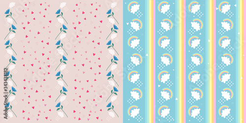 Ornaments with hearts, flowers, rainbows and clouds. Vector graphics.