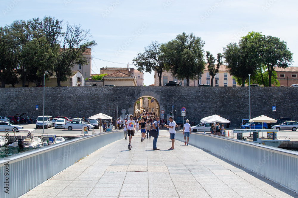 Zadar, Croatia; 07/17/2019: Facade of Bridge Gate and wall from City Bridge in the old town of Zadar, Croatia