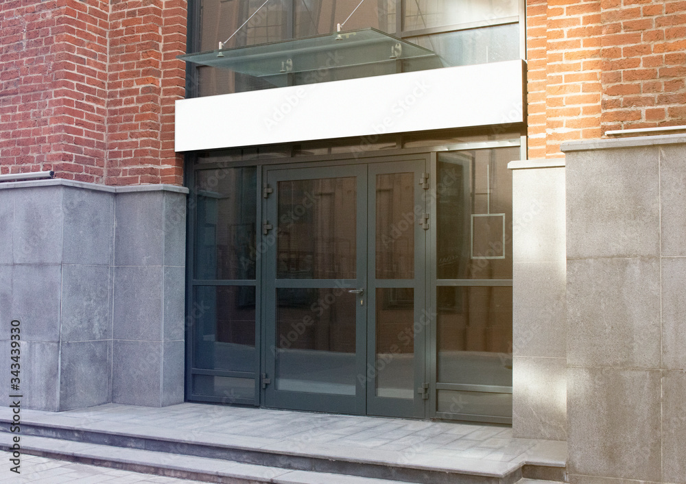Fotografie Blank white rectangular box store entrance mockup, glass brick wall