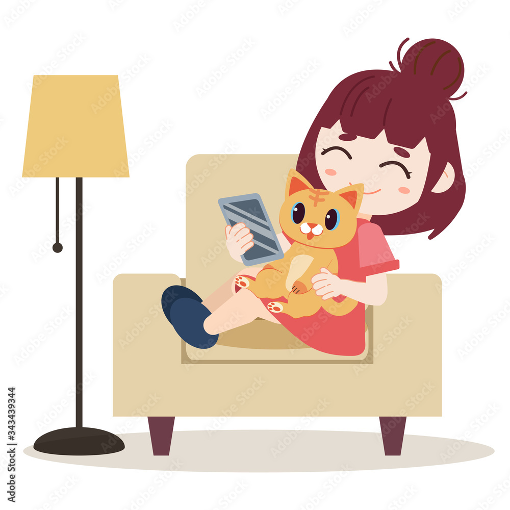 The character of cute girl working with tablet with the cute cat on the chair. The character of cute girl and cat watching with tablet. character of cute girl and cat in flat vector The character of cute girl working with tablet with the cute cat on the chair. The character of cute girl and cat watching with tablet. character of cute girl and cat in flat vector