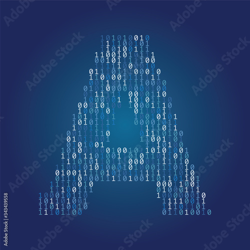 Letter A font made from binary code digits on a dark blue background