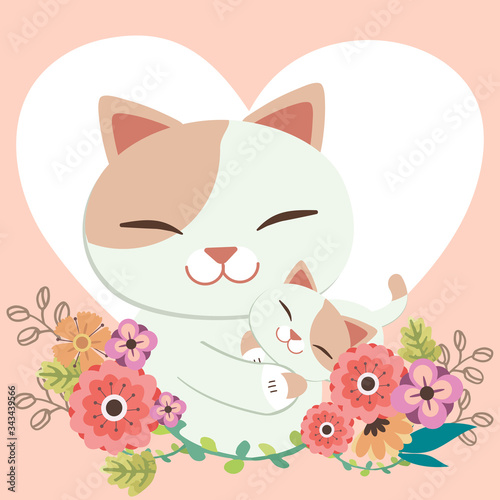 The character of cute mother cat and baby cat. with pattern of flower The cute cat in motherday theme. The character of cute cat in flat vector style.