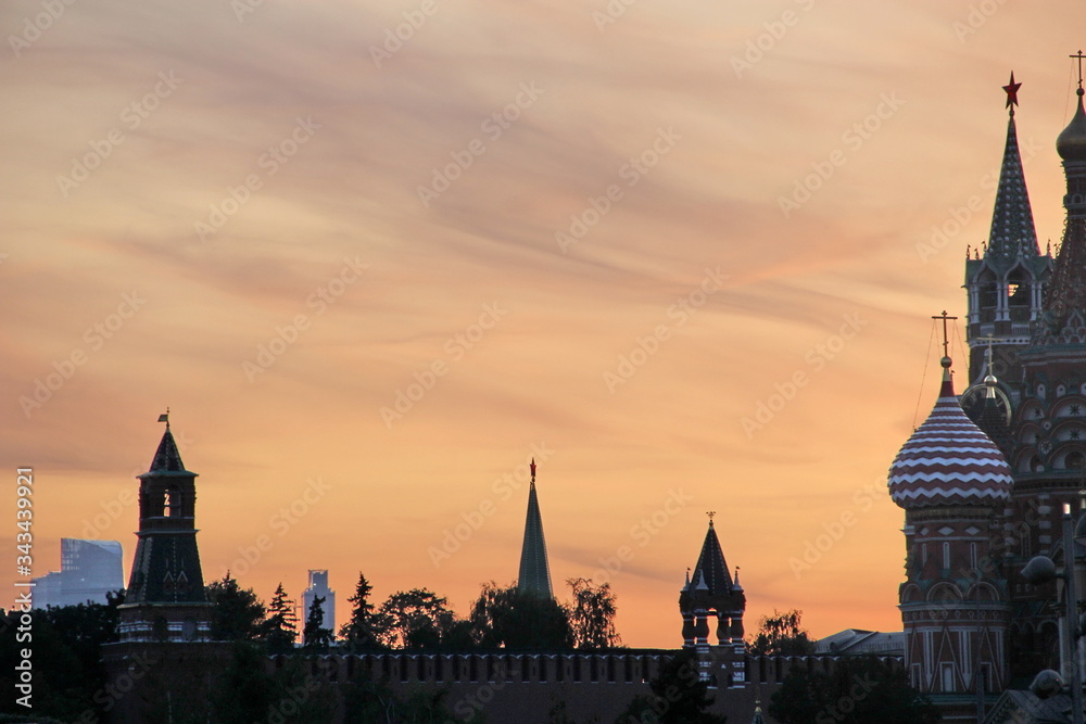 The sunset in the background of the Kremlin 