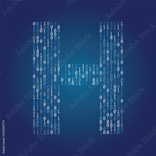 Letter H font made from binary code digits on a dark blue background