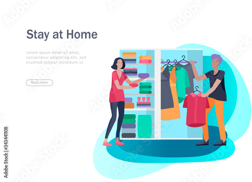 Stay at home concept of coronavirus prevention, awareness social media campaign. People and family on quarantine staying together at home. Protection and revention of 2019-nCoV. Banner, landing