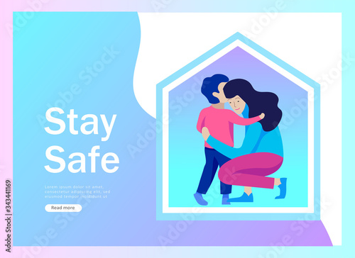 Stay at home concept of coronavirus prevention, awareness social media campaign. Mother and child on quarantine staying together at home. Protection and revention of 2019-nCoV. Banner, landing
