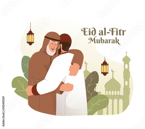 Muslim man hugging and wishing each other. Eid al-fitr mubarak flat cartoon character illustration
