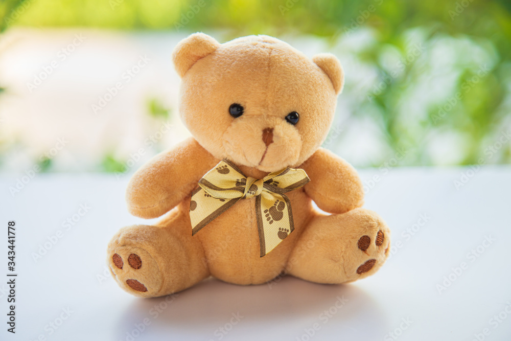 Brown teddy bear sitting on white wooden floor seeing outside green nature blurred background.