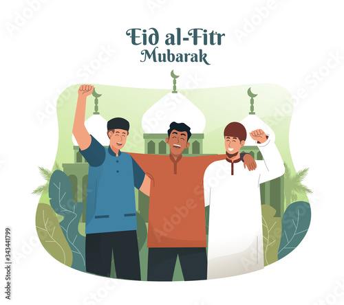 Young muslim man embrace his friends and celebrating Eid mubarak